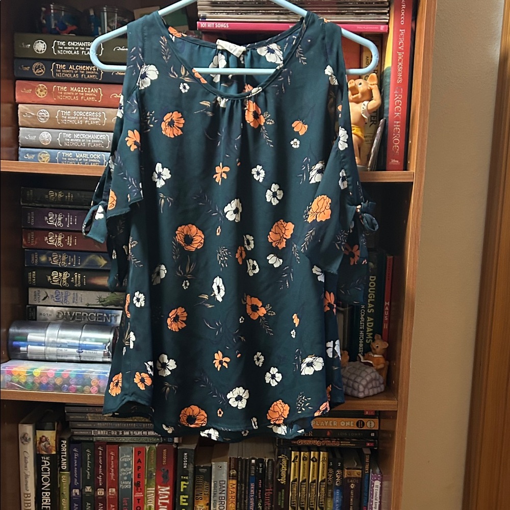 Sienna Sky Teal Floral Cold-Shoulder Blouse with Orange & White Flowers